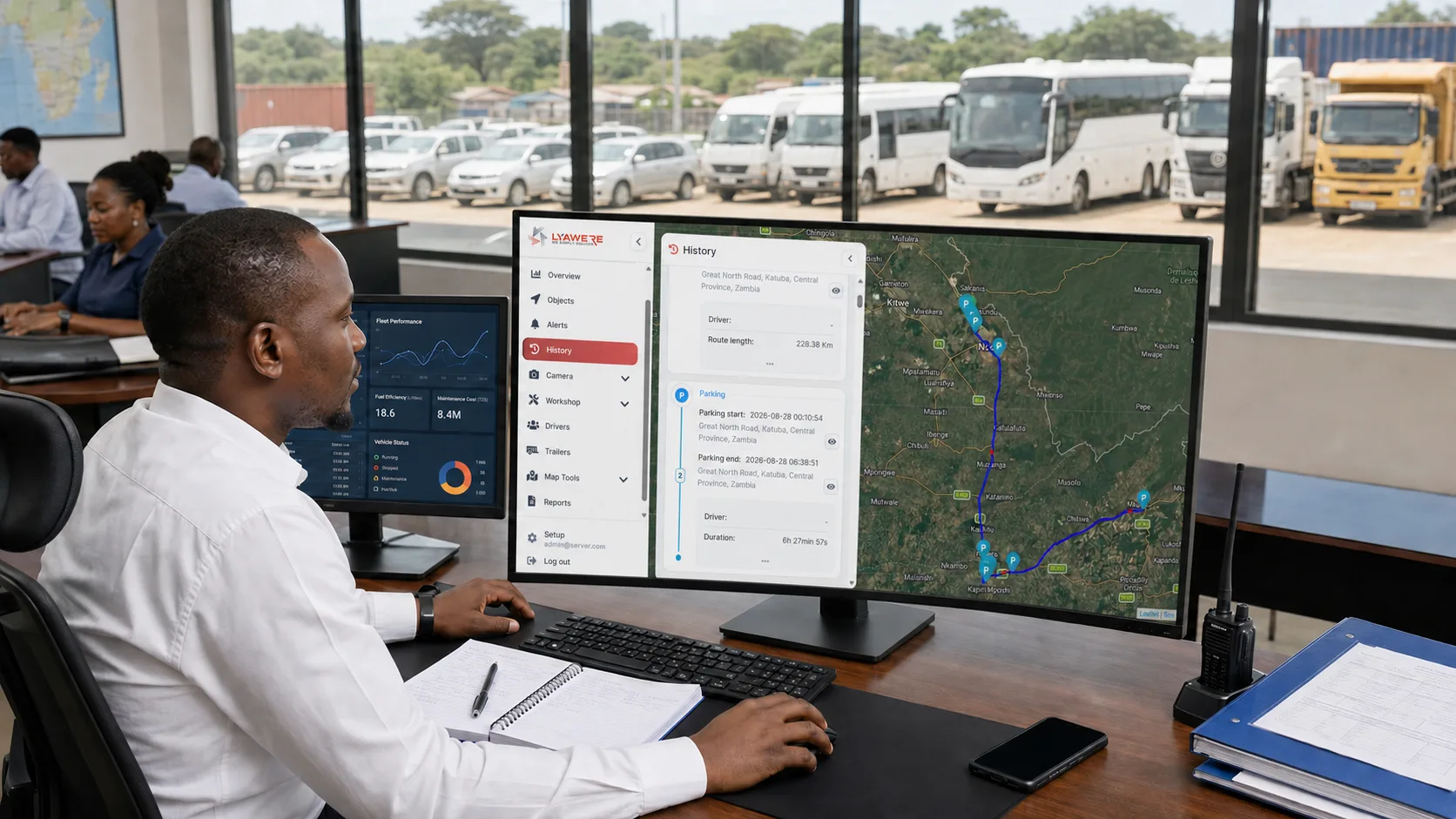 Car rental security team reviewing the location of an overdue rental vehicle in Tanzania
