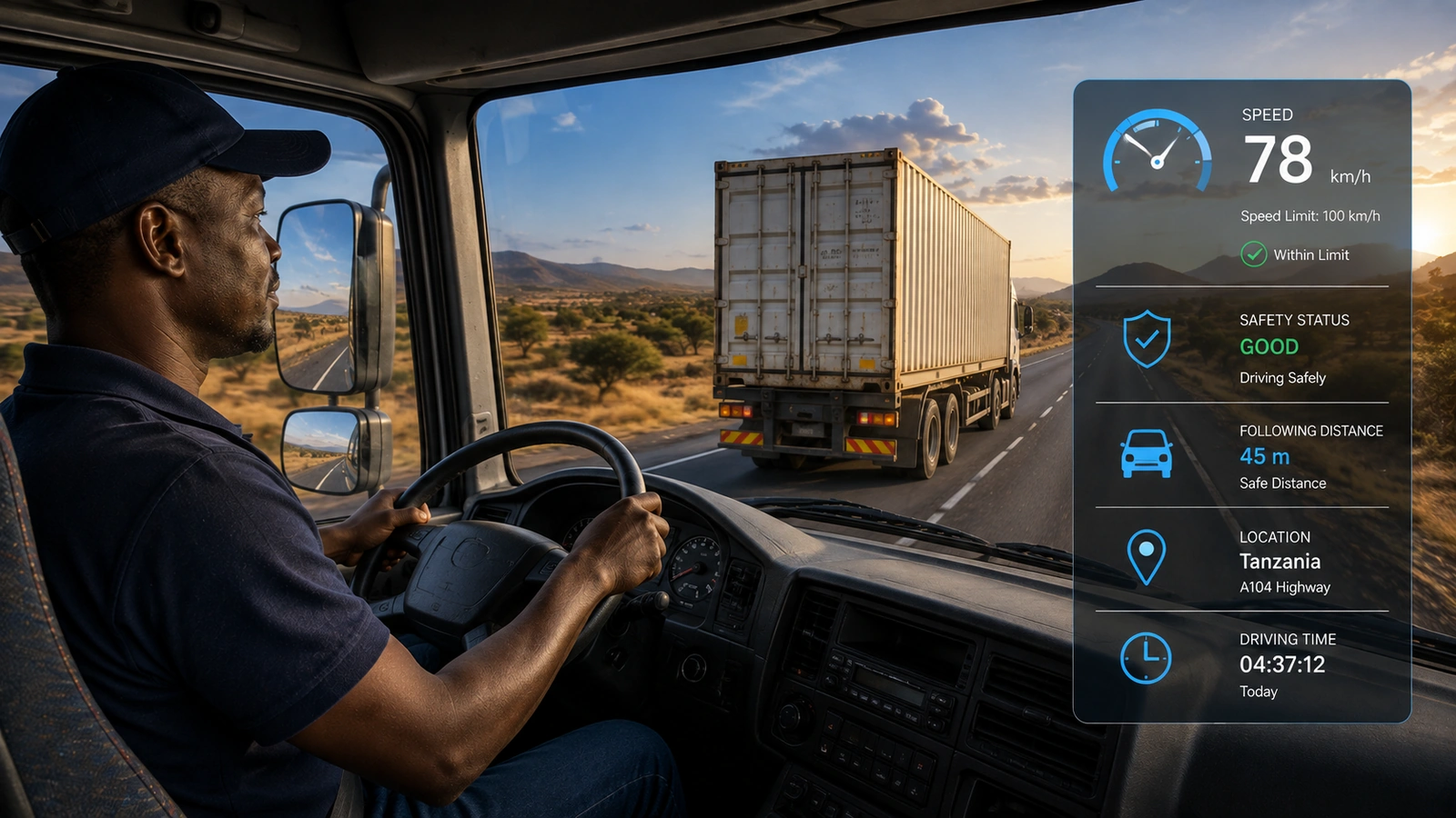 Fleet manager reviewing driver monitoring dashboard with vehicle trips and behaviour data in Tanzania