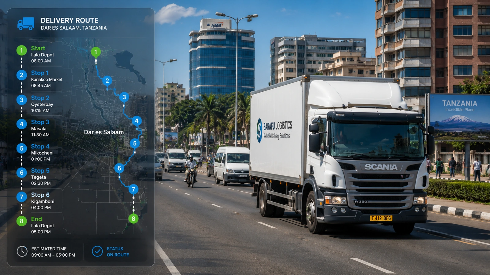 GPS fleet tracking map displaying vehicle locations across Tanzania