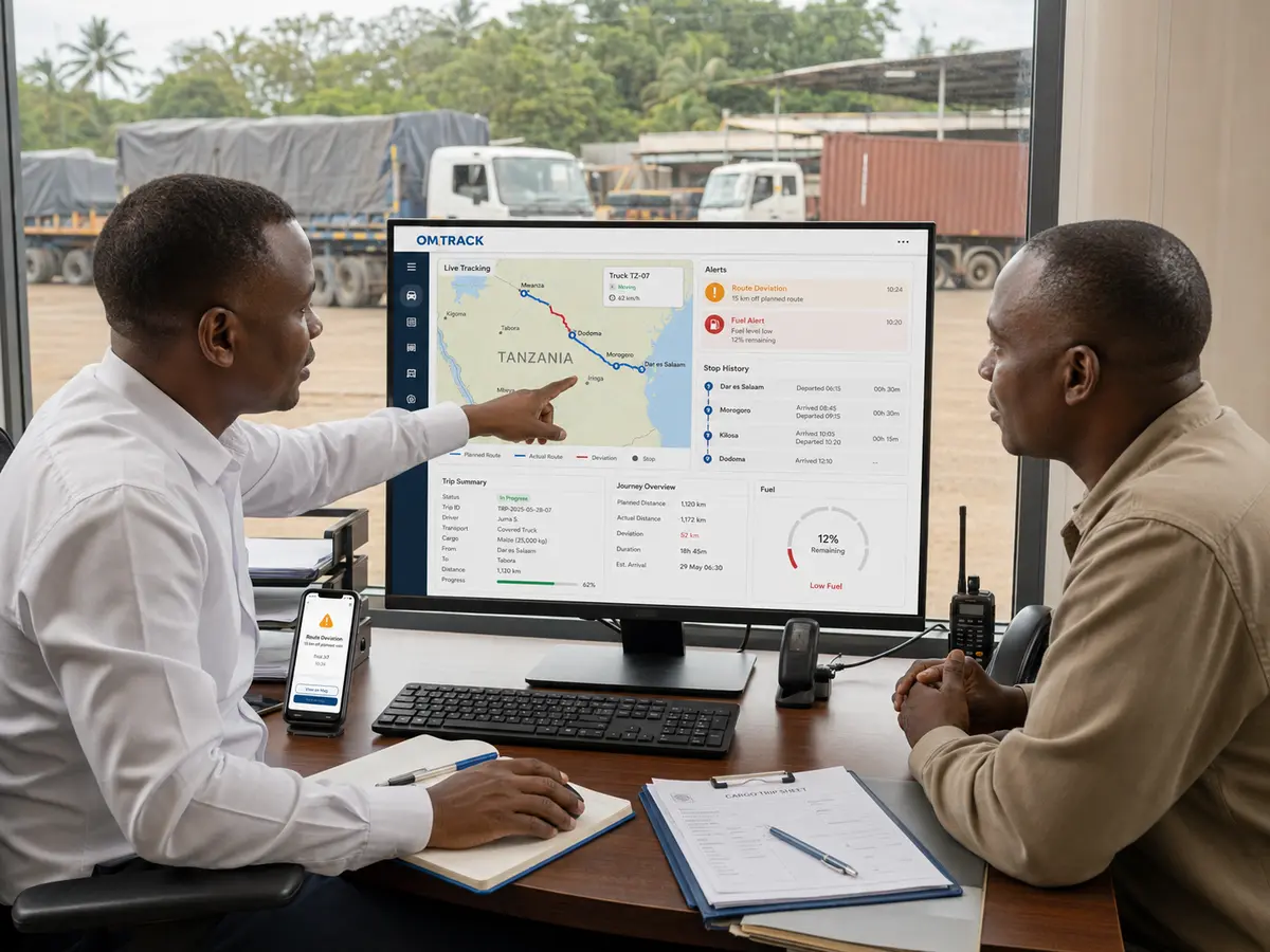 Fleet manager reviewing truck tracking alerts and reports on a desktop dashboard in Tanzania